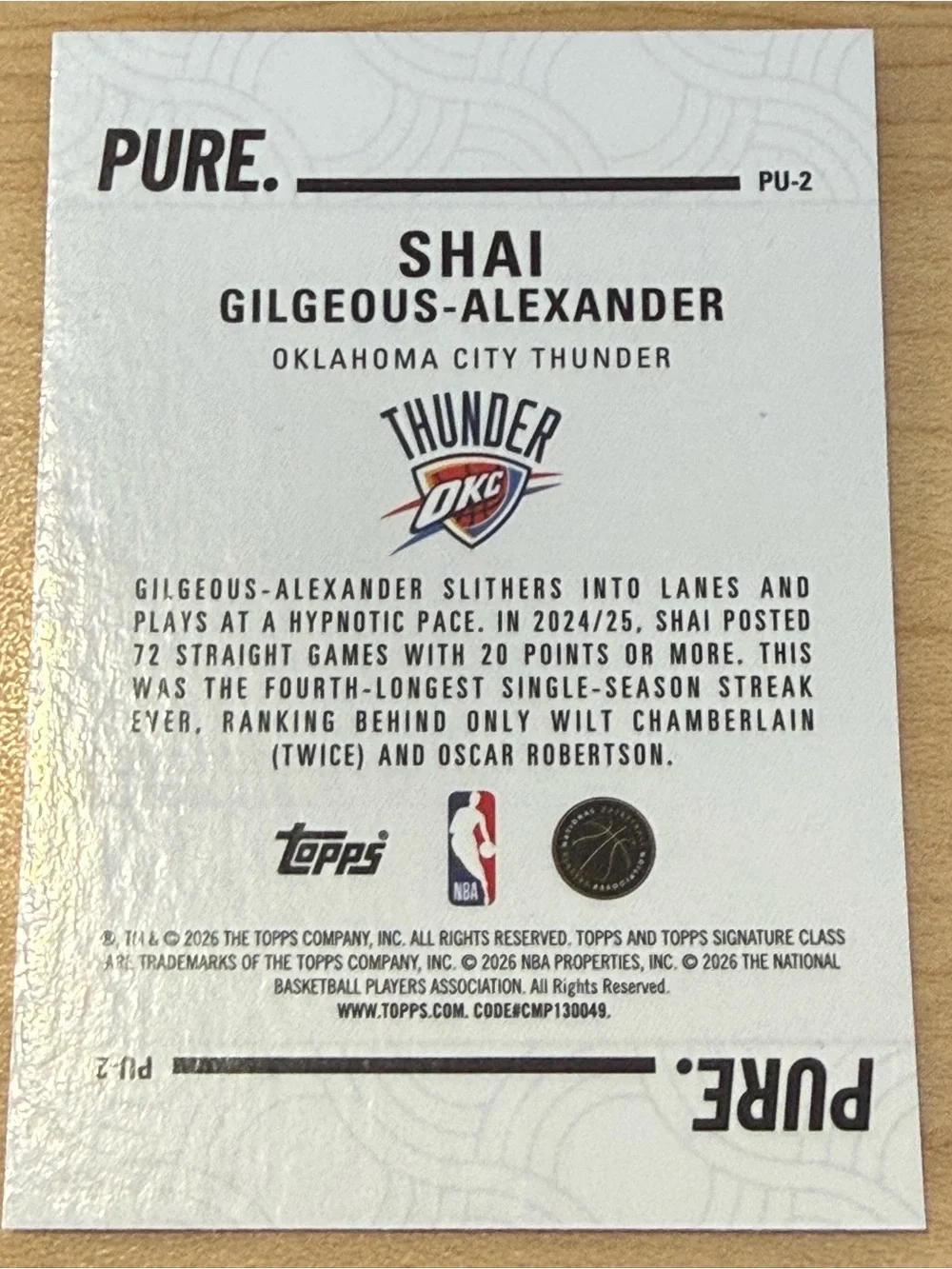 2025-26 Topps Signature Class - Pure Shai Gilgeous-Alexander #PU-2
